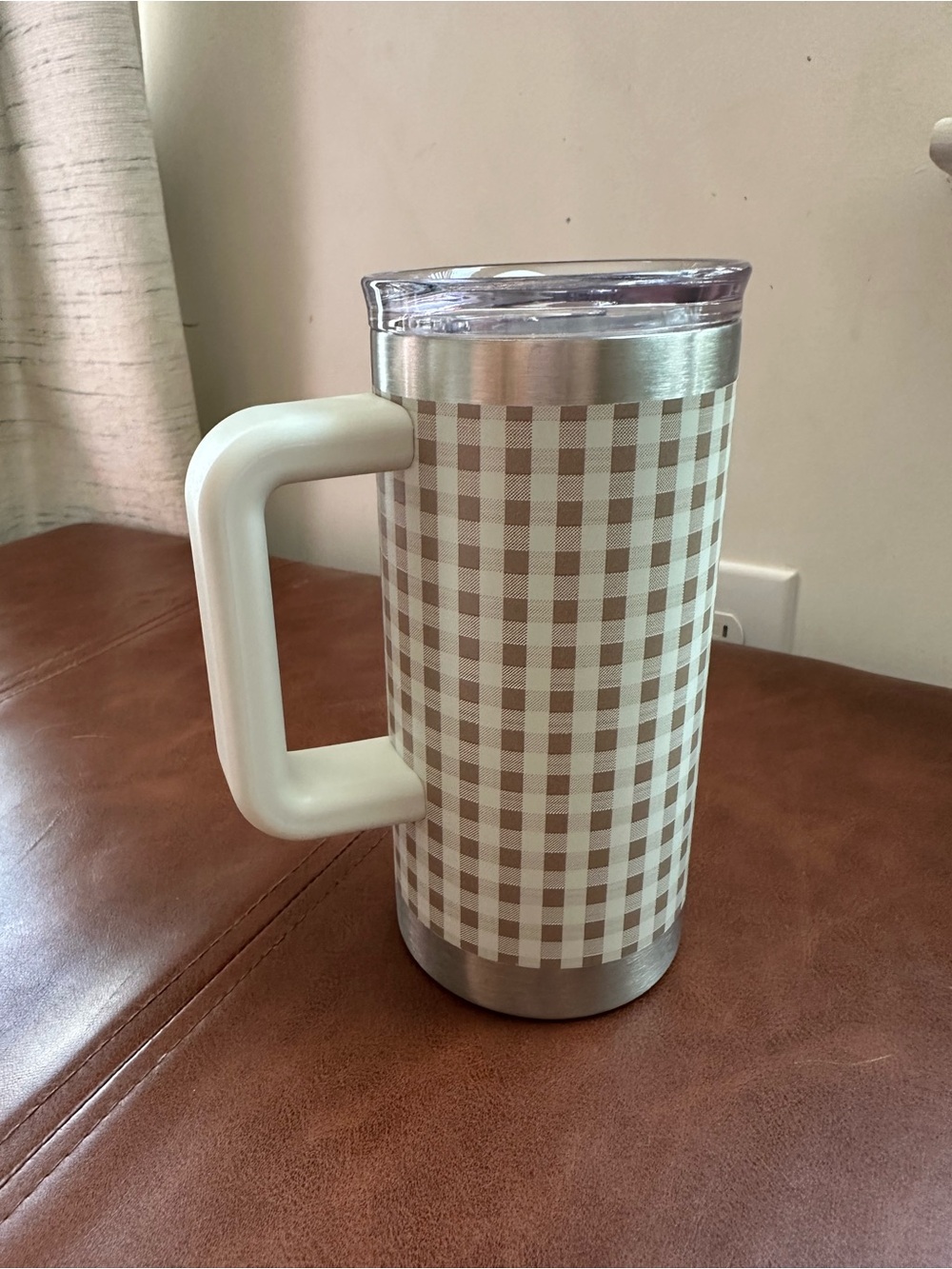 Hearth & Hand Beige Check Insulated Travel Mug with White Handle